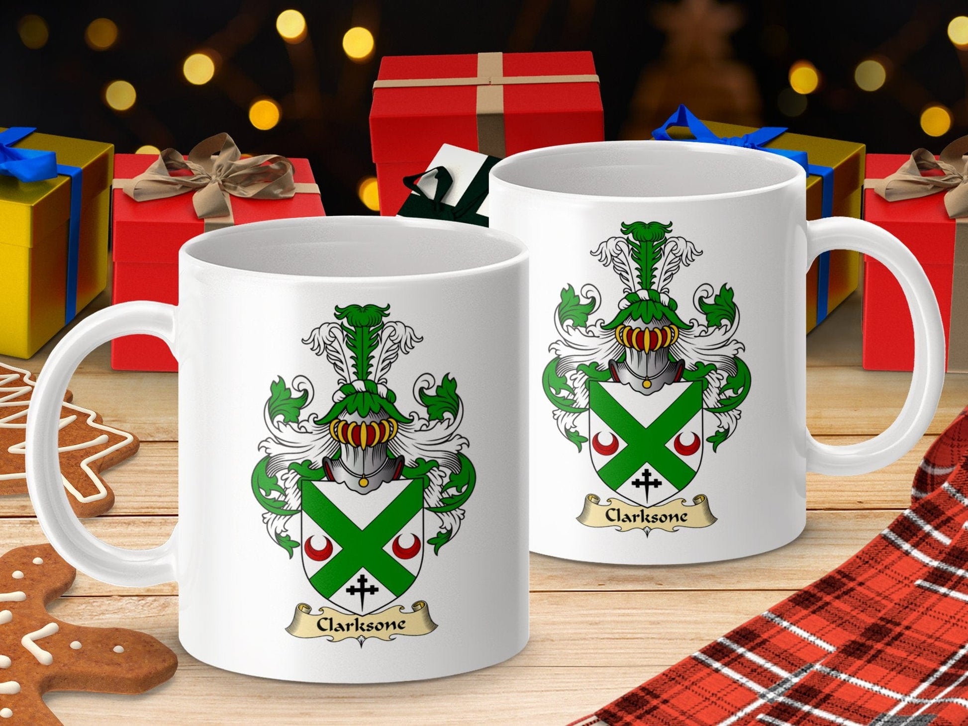 Physical Item 11oz / White Clarksons Family Crest with Scottish Clan Coat Of Arms Mug