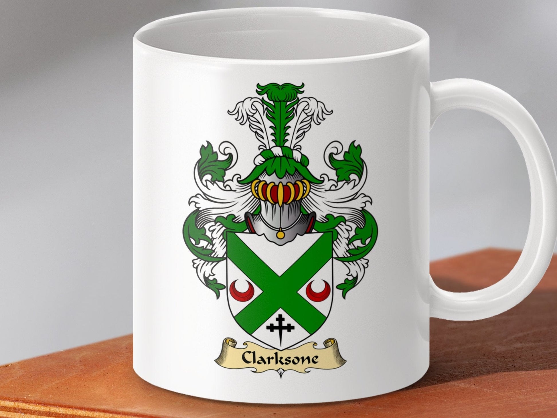 Physical Item 11oz / White Clarksons Family Crest with Scottish Clan Coat Of Arms Mug