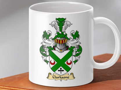 Physical Item 11oz / White Clarksons Family Crest with Scottish Clan Coat Of Arms Mug