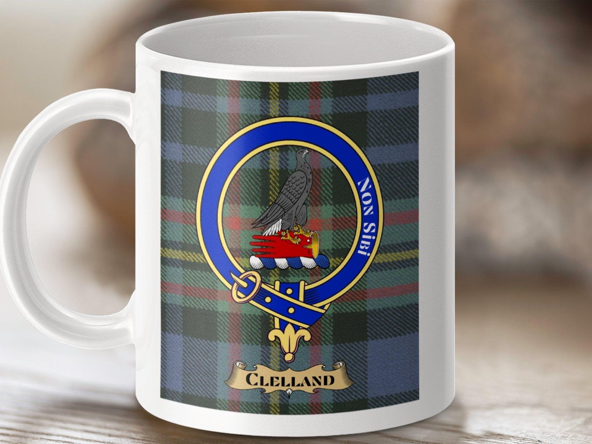 Physical Item 11oz / White Clelland Clan Scottish Tartan Crest Mug