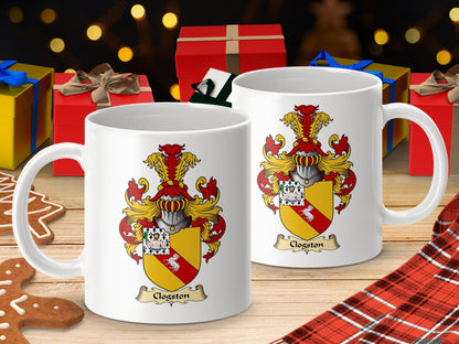 Physical Item 11oz / White Clogston Family Crest Heraldic Scottish Clan Coat of Arms Mug