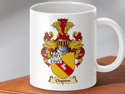 Physical Item 11oz / White Clogston Family Crest Heraldic Scottish Clan Coat of Arms Mug