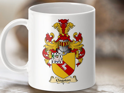 Physical Item 11oz / White Clogston Family Crest Heraldic Scottish Clan Coat of Arms Mug