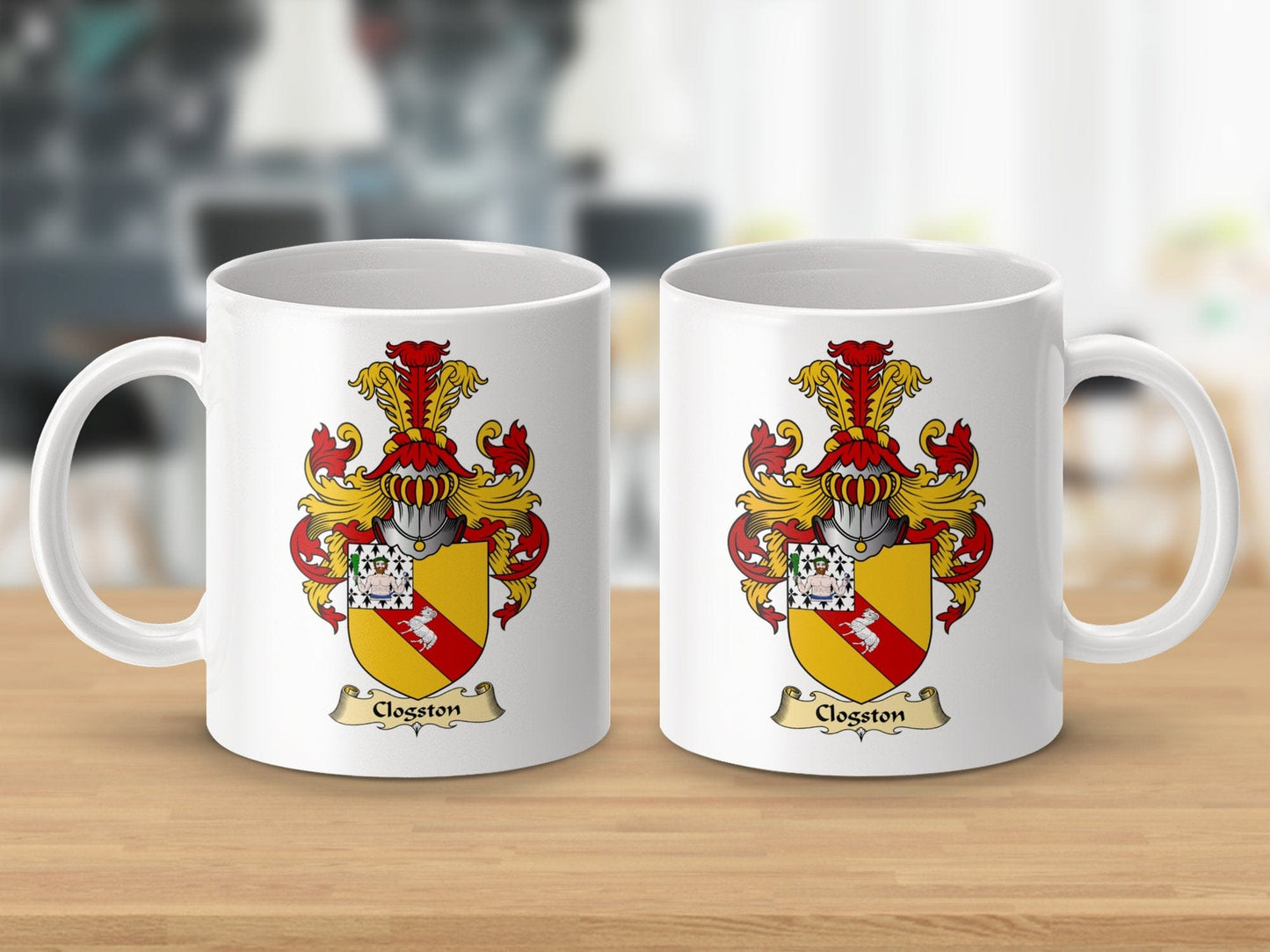 Physical Item 11oz / White Clogston Family Crest Heraldic Scottish Clan Coat of Arms Mug