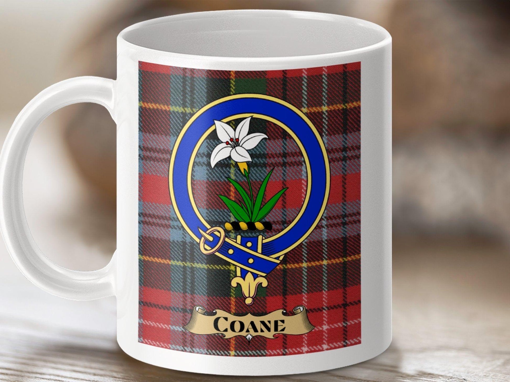 Physical Item 11oz / White Coane Clan Scottish Tartan Crest Mug