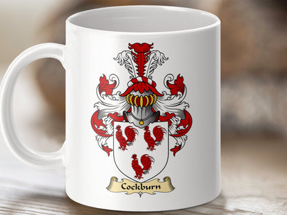 Physical Item 11oz / White Cockburn Clan Coat Of Arms Scottish Mug