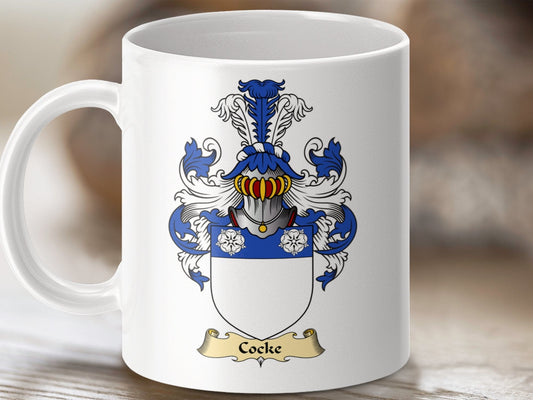 Physical Item 11oz / White Cocke Coat Of Arms Scottish Clan Heritage Mug