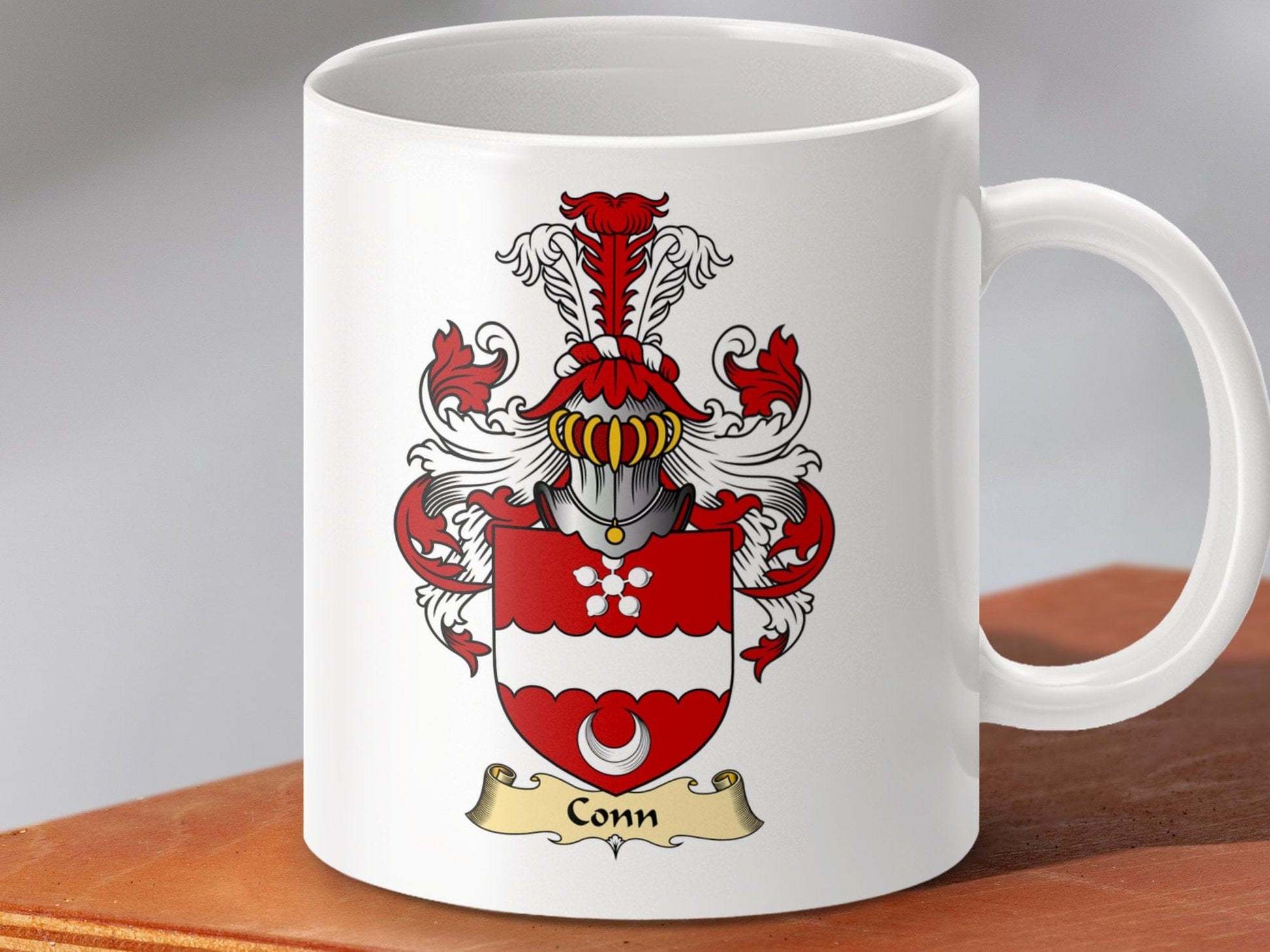 Physical Item 11oz / White Conn Clan Red and White Coat of Arms Scottish Mug