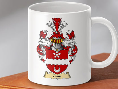 Physical Item 11oz / White Conn Clan Red and White Coat of Arms Scottish Mug