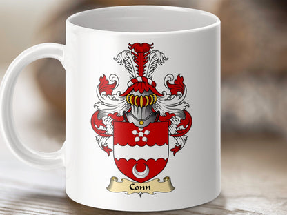 Physical Item 11oz / White Conn Clan Red and White Coat of Arms Scottish Mug