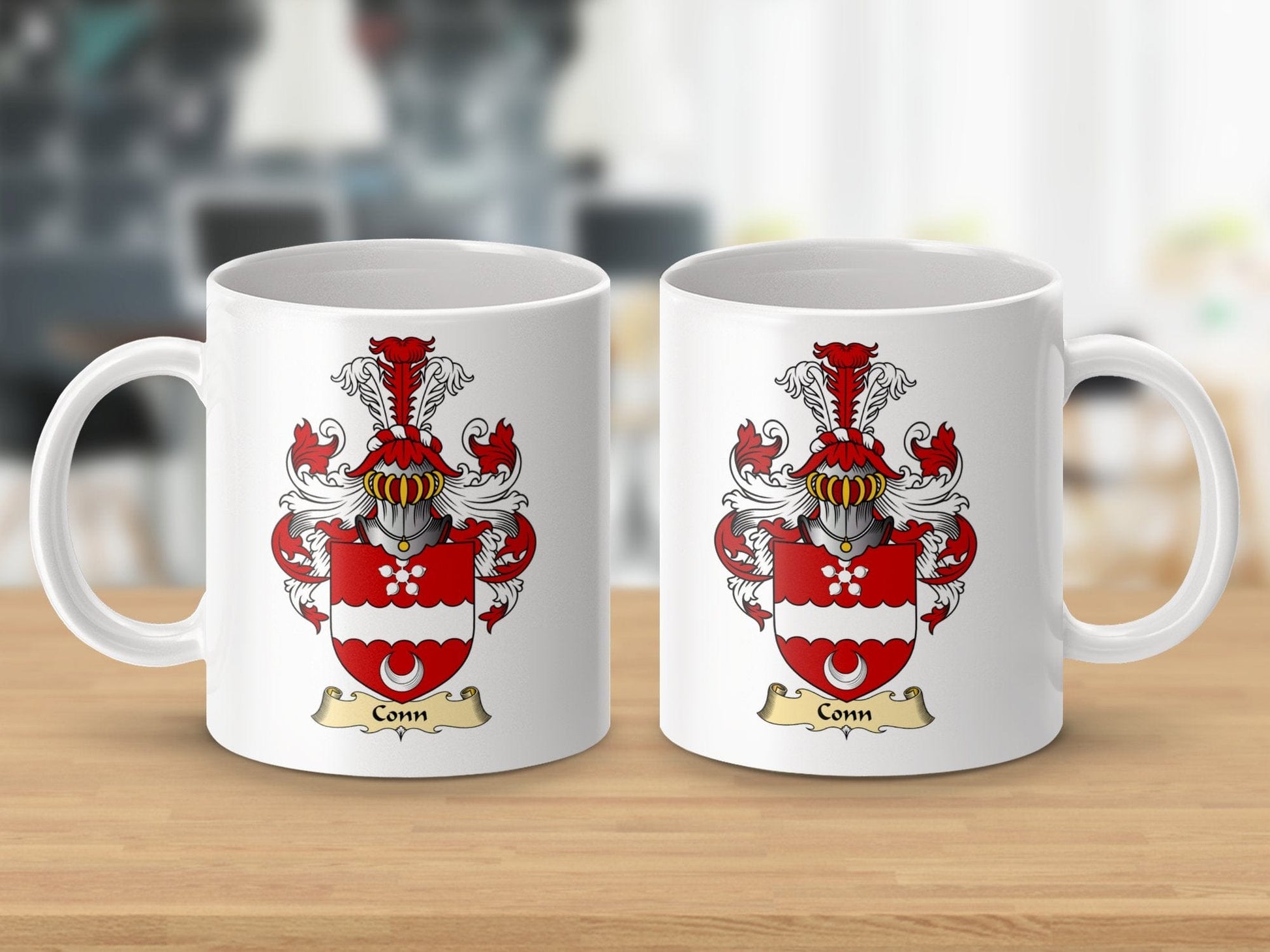 Physical Item 11oz / White Conn Clan Red and White Coat of Arms Scottish Mug