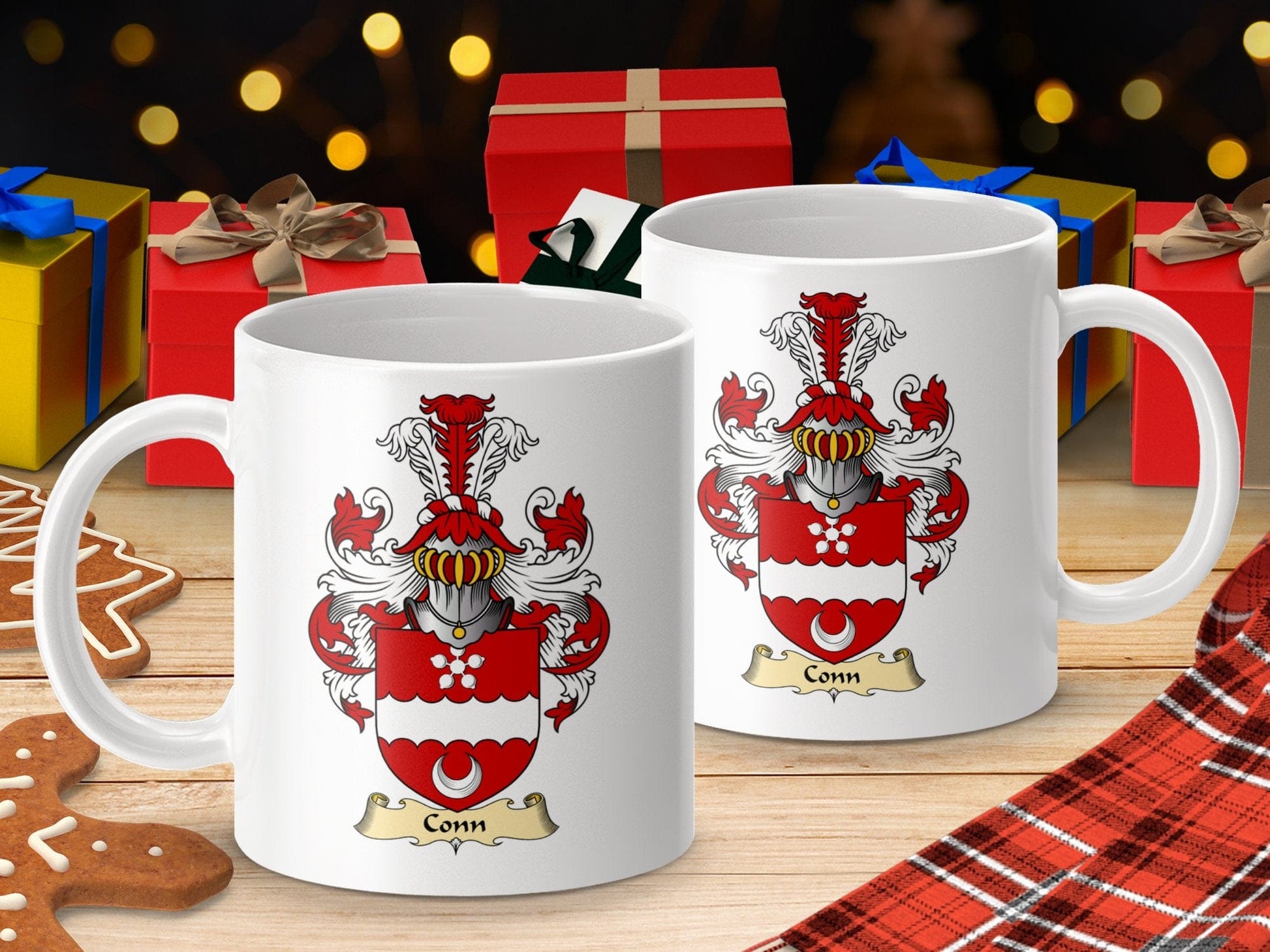 Physical Item 11oz / White Conn Clan Red and White Coat of Arms Scottish Mug