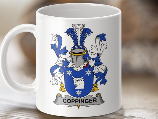 Physical Item 11oz / White Coppinger Surname Irish Heraldry Ceramic Mug