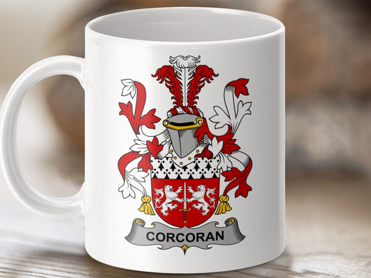 Physical Item 11oz / White Corcoran Surname Irish Heraldry Ceramic Mug