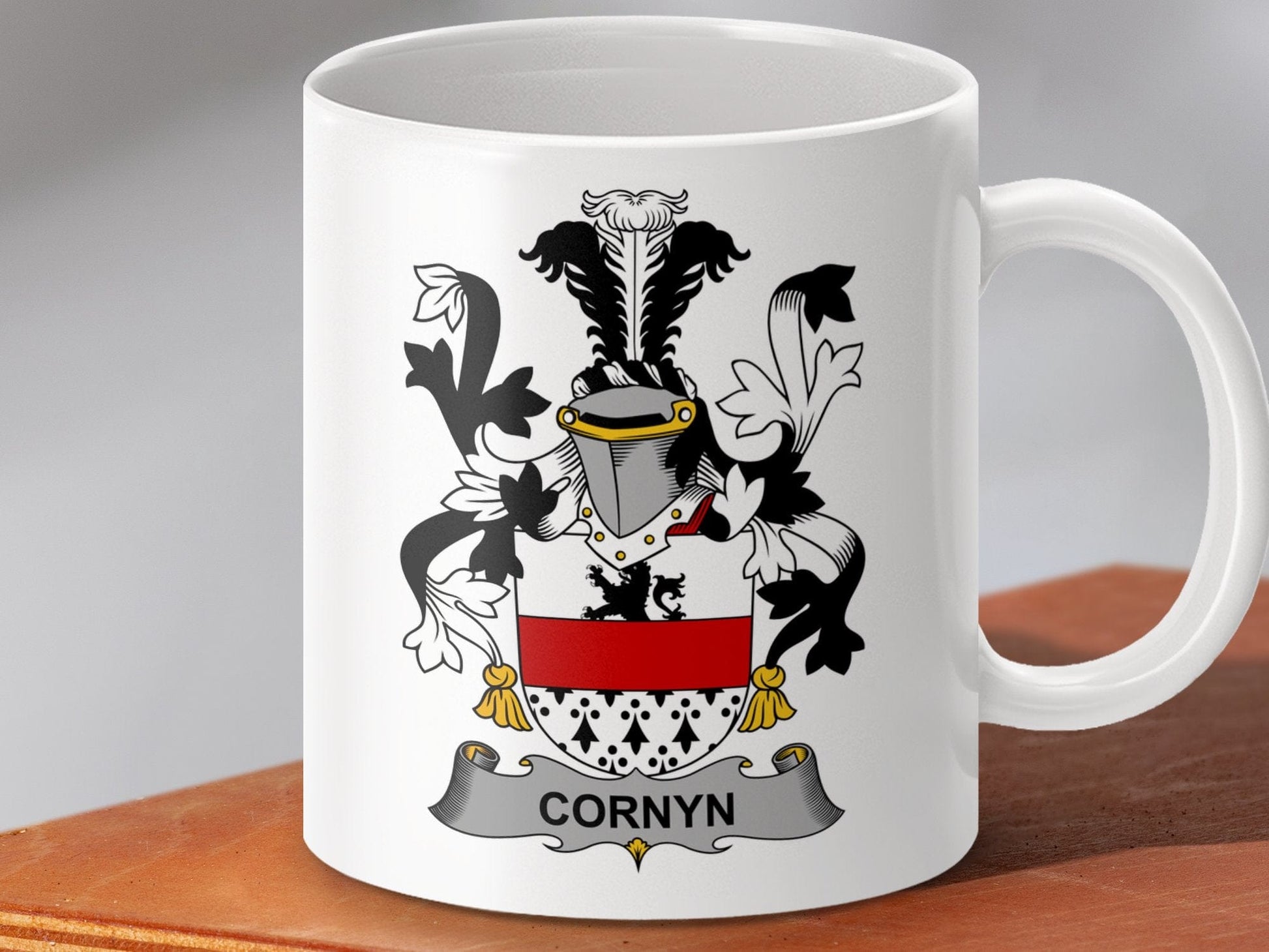 Physical Item 11oz / White Cornyn Surname Irish Heraldry Ceramic Mug