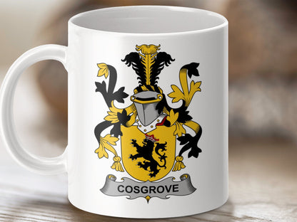 Physical Item 11oz / White Cosgrove Surname Irish Heraldry Ceramic Mug