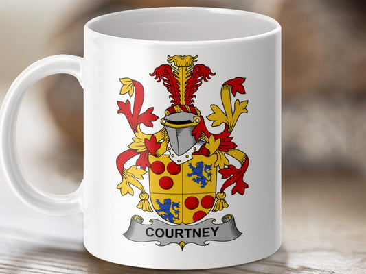 Physical Item 11oz / White Courtney Surname Irish Heraldry Family Crest Mug