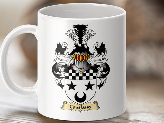 Physical Item 11oz / White Cowsland Clan Crest Coat of Arms Scottish Heritage Mug