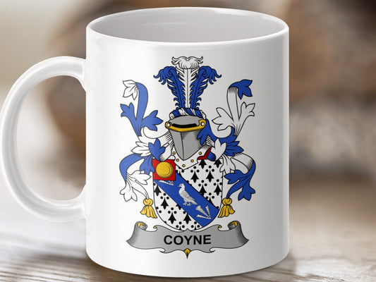 Physical Item 11oz / White Coyne Surname Irish Heraldry Coat of Arms Mug