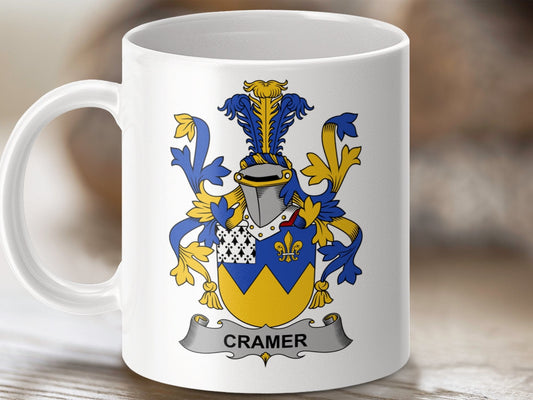 Physical Item 11oz / White Cramer Surname Irish Heraldry Ceramic Mug