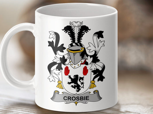 Physical Item 11oz / White Crosbie Surname Irish Heraldry Ceramic Mug