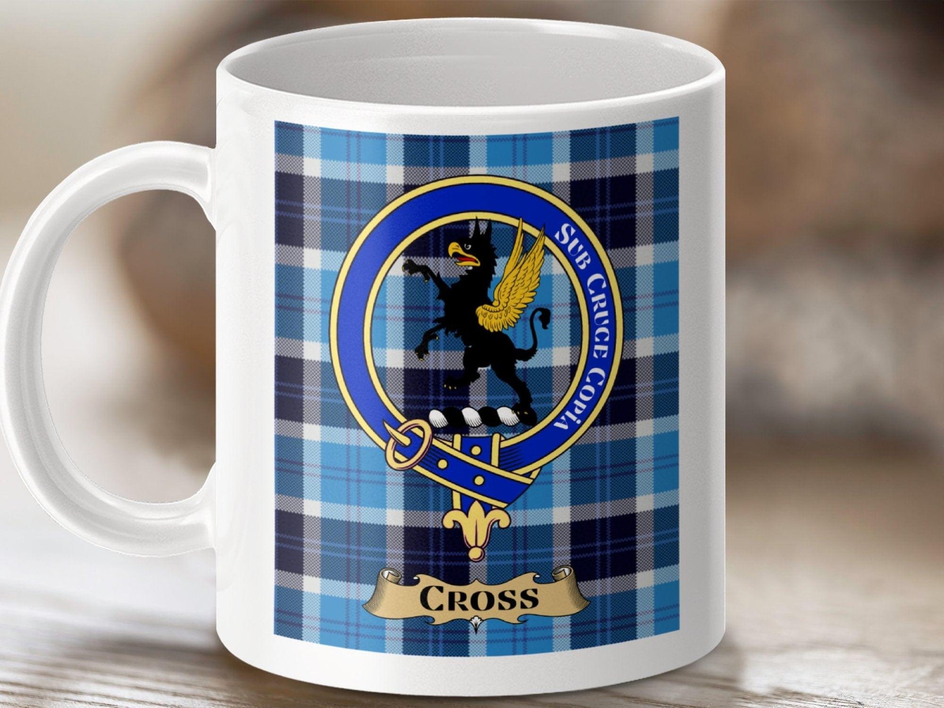 Physical Item 11oz / White Cross Clan Scottish Tartan Crest Mug