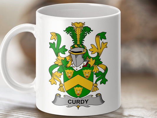 Physical Item 11oz / White Curdy Surname Irish Heraldry Ceramic Mug