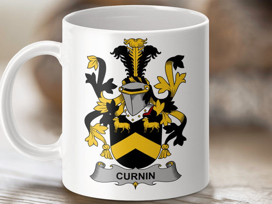 Physical Item 11oz / White Curnin Surname Irish Heraldry Ceramic Mug