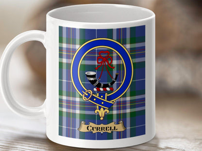 Physical Item 11oz / White Currell Clan Scottish Tartan Crest Mug