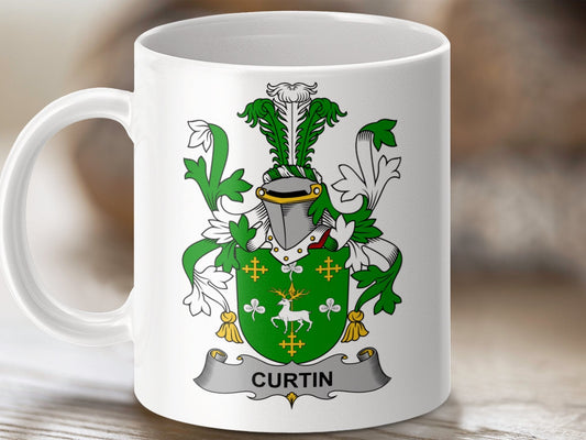 Physical Item 11oz / White Curtin Surname Irish Heraldry Ceramic Mug