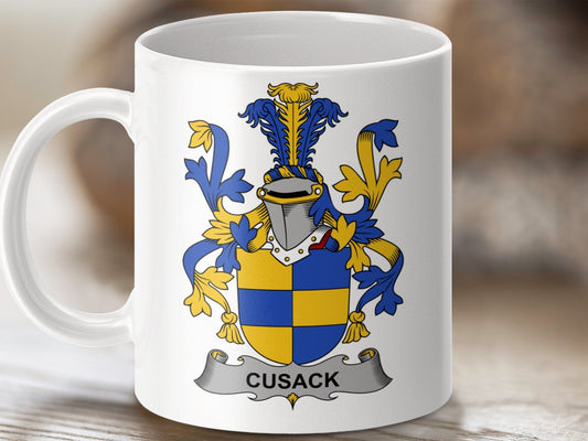 Physical Item 11oz / White Cusack Surname Irish Heraldry Ceramic Mug