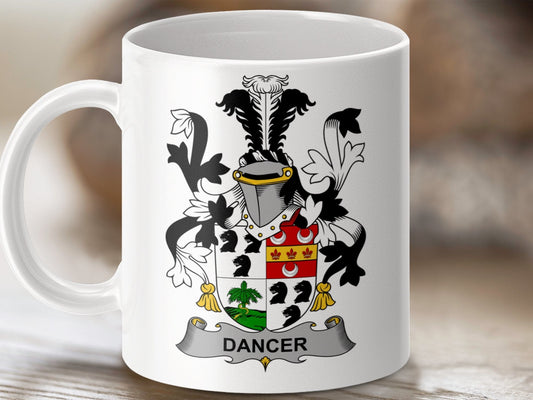 Physical Item 11oz / White Dancer Surname Irish Heraldry Ceramic Mug