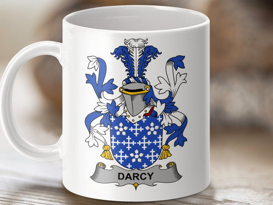 Physical Item 11oz / White Darcy Surname Irish Heraldry Ceramic Mug