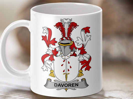 Physical Item 11oz / White Davoren Surname Irish Heraldry Ceramic Mug