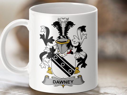 Physical Item 11oz / White Dawney Surname Irish Heraldry Coat of Arms Mug