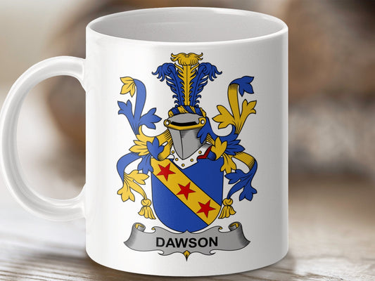 Physical Item 11oz / White Dawson Surname Irish Heraldry Ceramic Mug