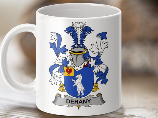 Physical Item 11oz / White Dehany Surname Irish Heraldry Ceramic Mug