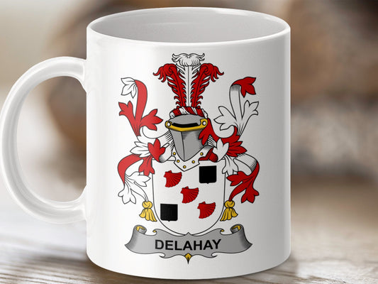 Physical Item 11oz / White Delahay Surname Irish Heraldry Ceramic Mug