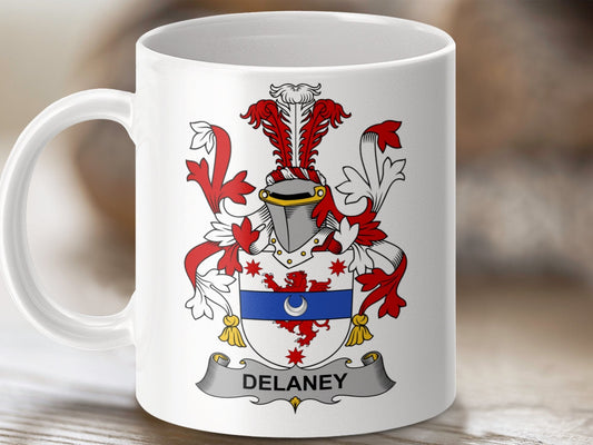 Physical Item 11oz / White Delaney Surname Irish Heraldry Ceramic Mug