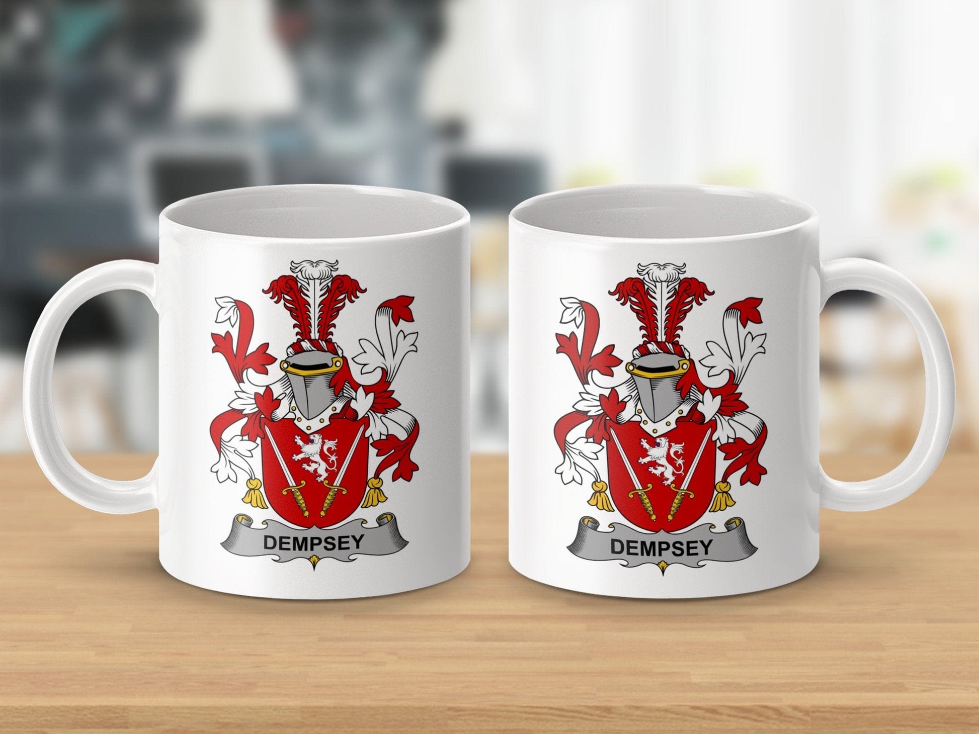 Physical Item 11oz / White Dempsey Surname Irish Heraldry Ceramic Coffee Mug