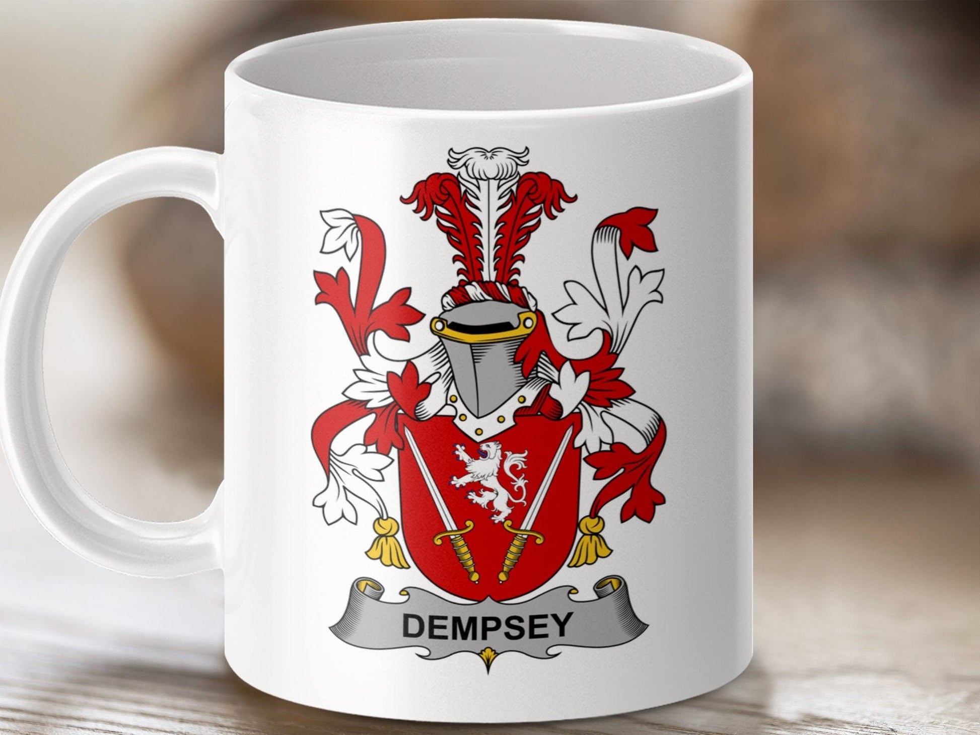 Physical Item 11oz / White Dempsey Surname Irish Heraldry Ceramic Coffee Mug