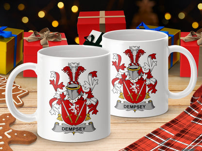 Physical Item 11oz / White Dempsey Surname Irish Heraldry Ceramic Coffee Mug