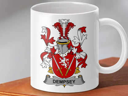 Physical Item 11oz / White Dempsey Surname Irish Heraldry Ceramic Coffee Mug