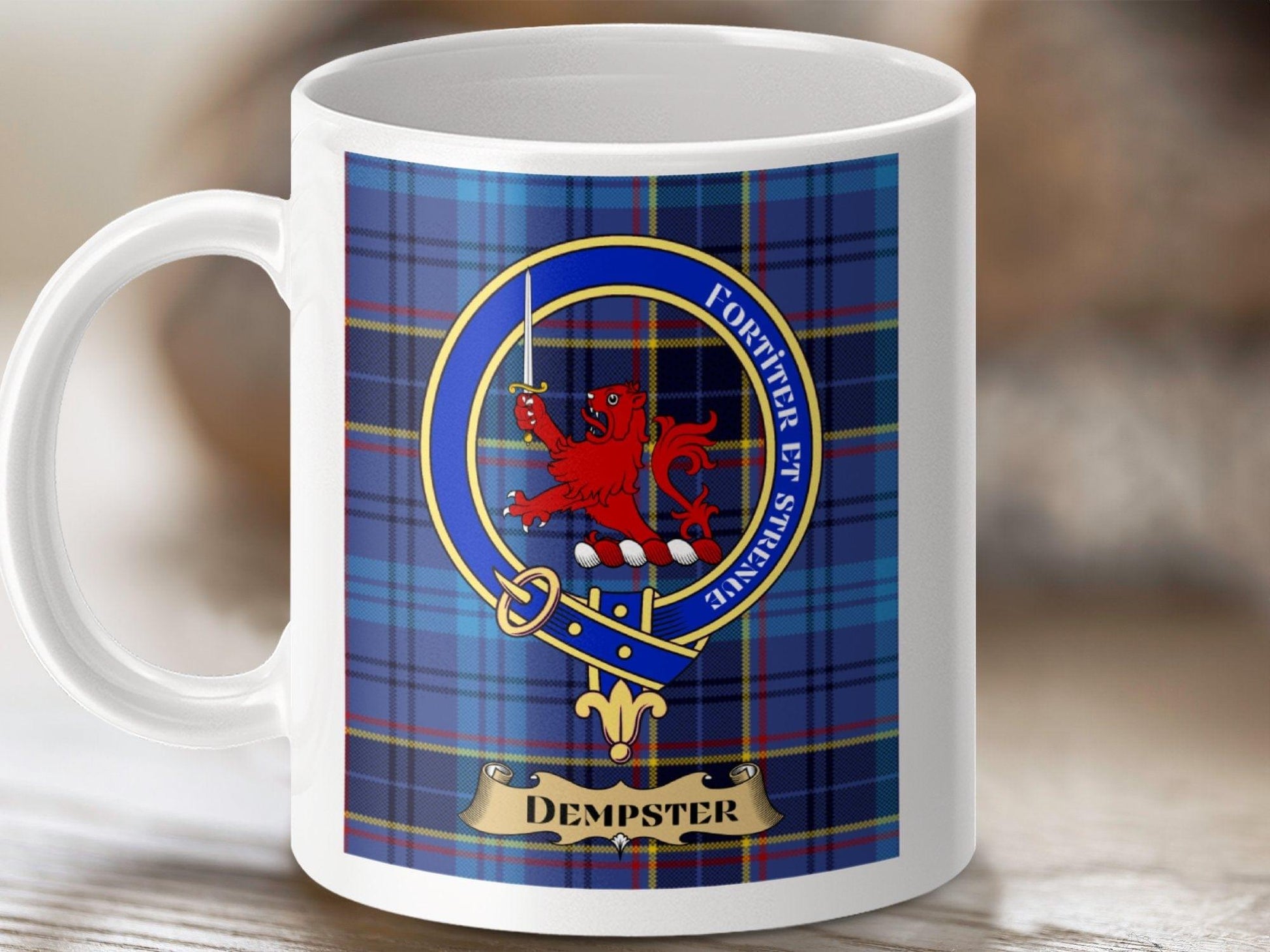Physical Item 11oz / White Dempster Clan Scottish Tartan Crest Mug