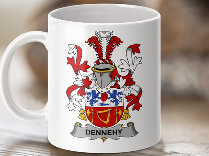 Physical Item 11oz / White Dennehy Surname Irish Heraldry Ceramic Mug