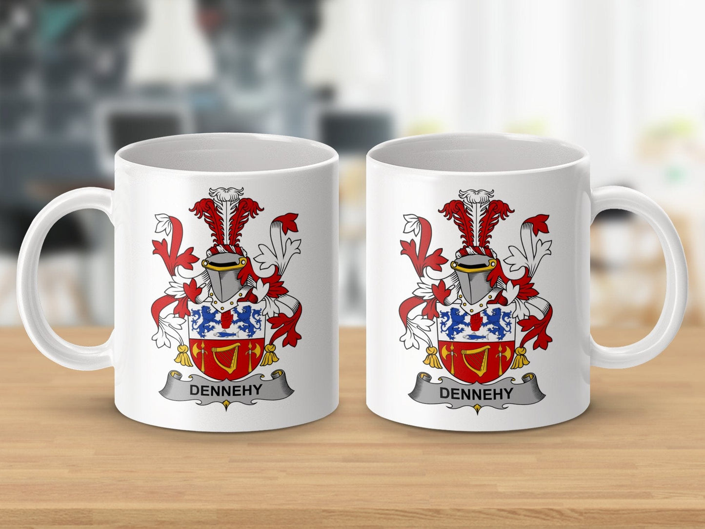 Physical Item 11oz / White Dennehy Surname Irish Heraldry Ceramic Mug