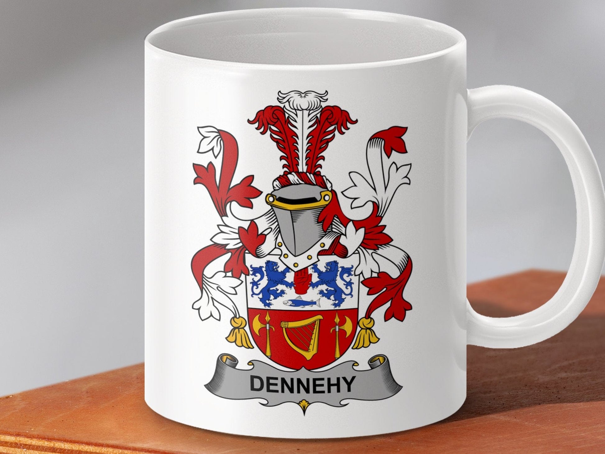 Physical Item 11oz / White Dennehy Surname Irish Heraldry Ceramic Mug