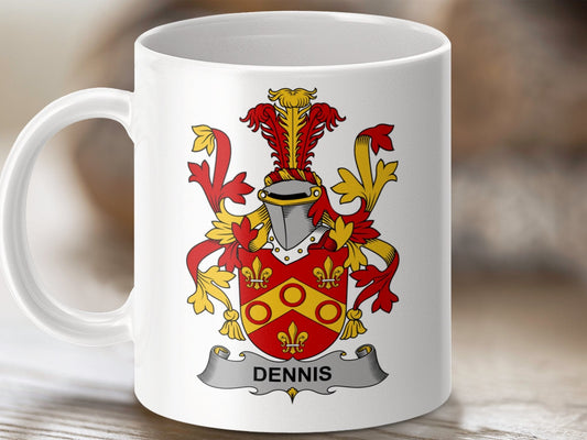 Physical Item 11oz / White Dennis Surname Irish Heraldry Ceramic Mug