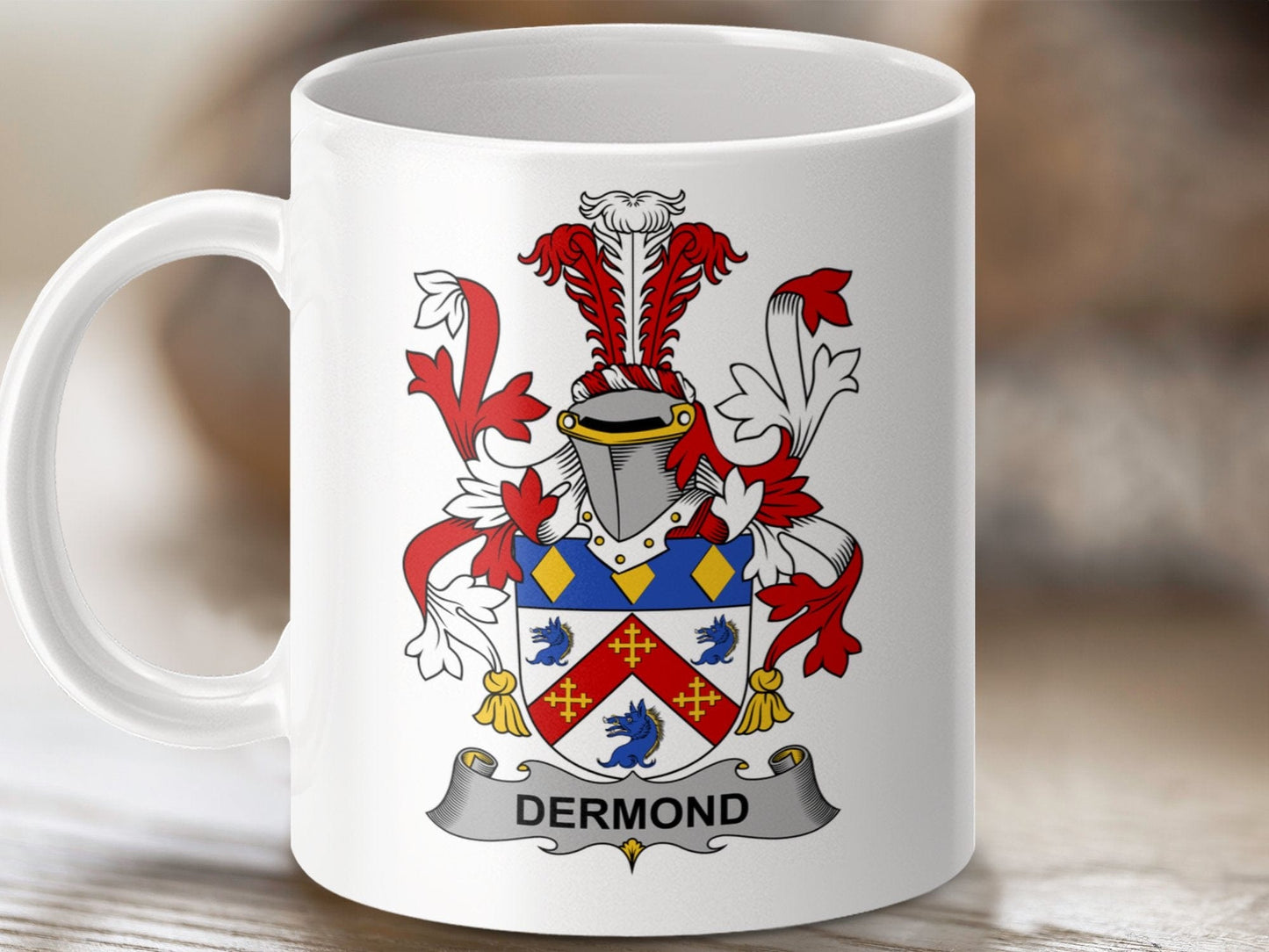 Physical Item 11oz / White Dermond Surname Irish Heraldry Ceramic Mug