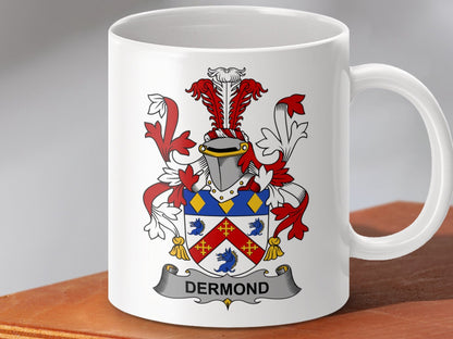 Physical Item 11oz / White Dermond Surname Irish Heraldry Ceramic Mug